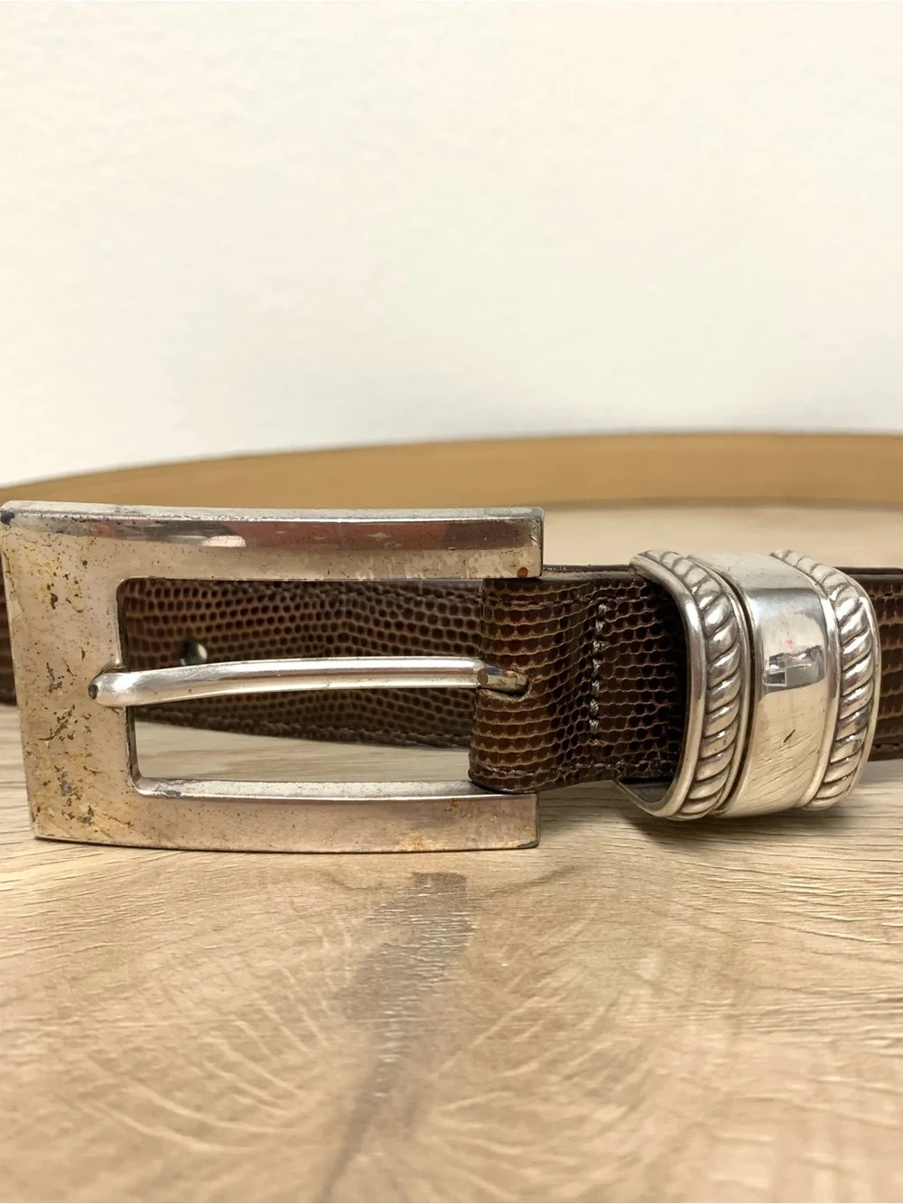 Brighton Belt Womens 32 Brown Lizard Embossed Leather Silver Rope Medium/Large